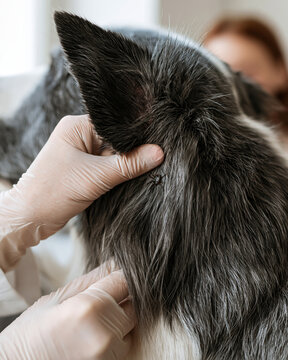 Veterinarian inspecting dog ear and neck fur for ticks showcasing ectoparasite surveillance disease prevention and One Health veterinary care