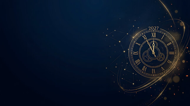 A stunning and sophisticated dark blue new year 2027 backdrop featuring golden clockwork elements perfect for festive celebrations and luxury branding campaigns