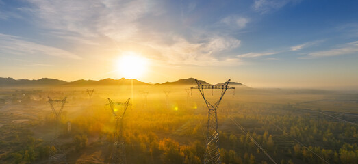 Naklejka premium High Voltage Transmission Pylons in Golden Morning Mist at Sunrise