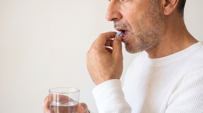 Middle-aged man in white shirt takes a blue pill with a glass of water against a neutral background. He holds the tablet to his mouth while gripping a clear glass in his other hand.