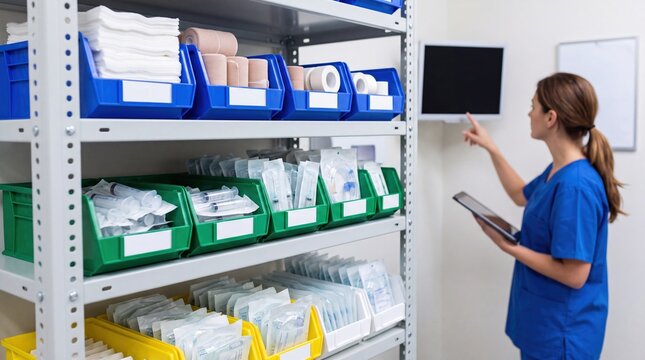 A healthcare worker in blue scrubs reviews inventory on a tablet while checking organized medical supplies stored in color-coded bins on industrial shelving. The shelves contain sterile gauze,...