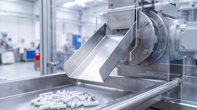 Industrial pharmaceutical manufacturing equipment with white capsules dispensing into a stainless steel tray in a bright factory facility.