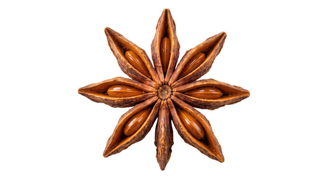 Star anise pods arranged in a radial pattern on transparent background. Aromatic spice for cooking and baking. Ingredient for herbal remedies and seasonal recipes.