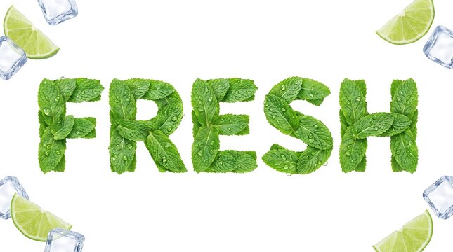 The word fresh written with mint leaves with lime and ice cubes