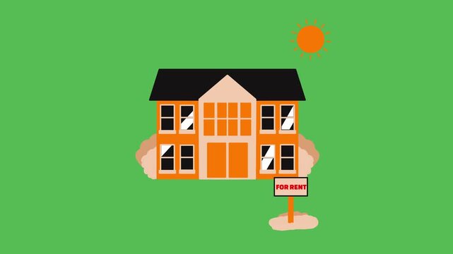 A house available for rent in a flat animated style, representing residential property, rental housing, real estate services, and home leasing opportunities.