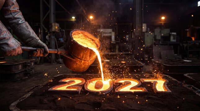 A foundry worker pours molten metal into molds shaped as numbers in an industrial night setting. Sparks fly as glowing liquid metal fills the casting forms on a factory floor.