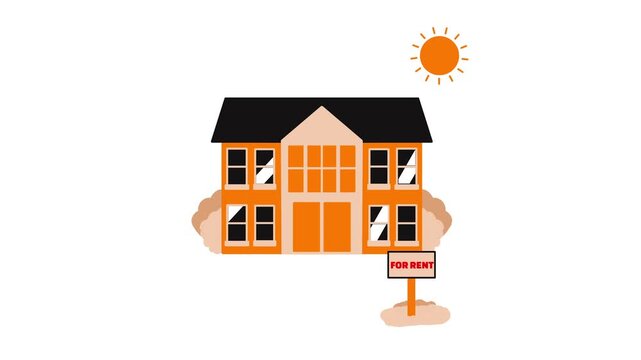 A house available for rent in a flat animated style, representing residential property, rental housing, real estate services, and home leasing opportunities.