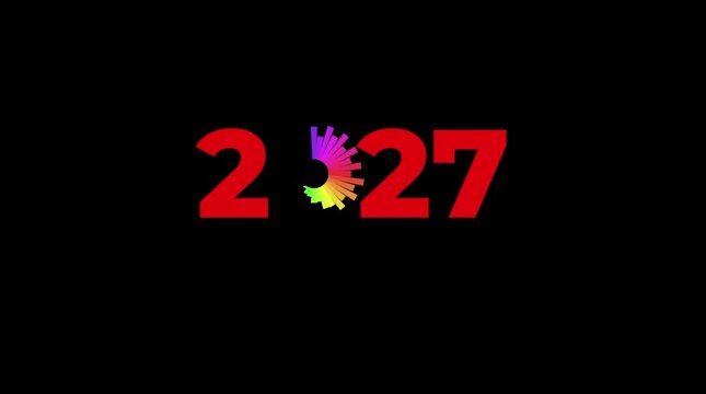 Glowing red digits spelling out year twenty twenty seven featuring colorful spinning wheel against dark background