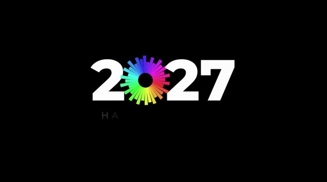 Colorful glowing number 2027 spinning brightly into view against dark background for celebration