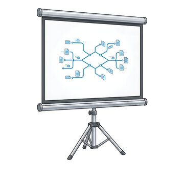 Portable Tripod Projector Screen Displaying Data Flow and Document Network Diagram Vector Illustration Isolated on White Background for Business Presentation Concept