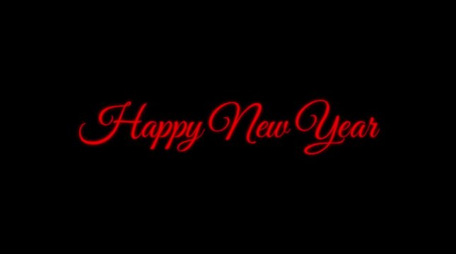 Glowing red cursive text spelling happy new year appearing letter by letter against a dark background