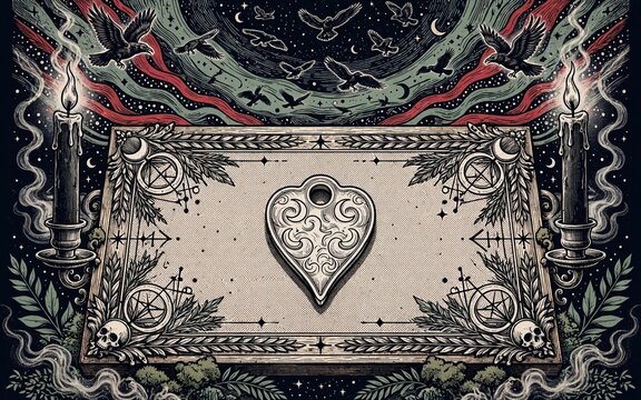 Mystical spirit board with planchette and black candles - dark engravi