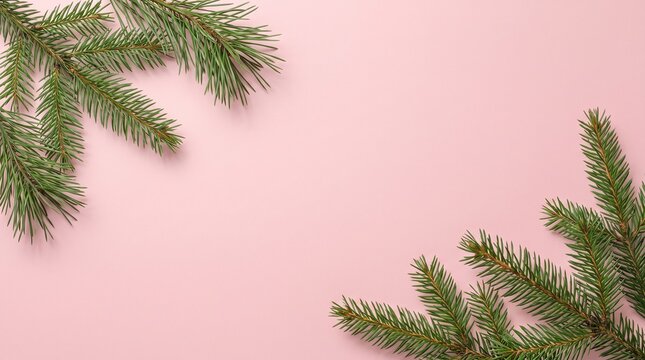 Fresh green pine branches arranged on a soft pink background for christmas holiday design