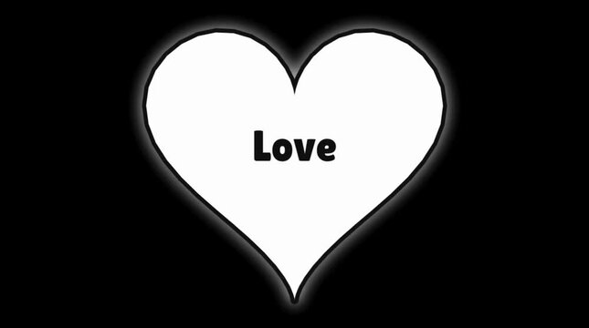 Glowing white heart shape pulsing against dark background with bold black typography spelling out love inside center
