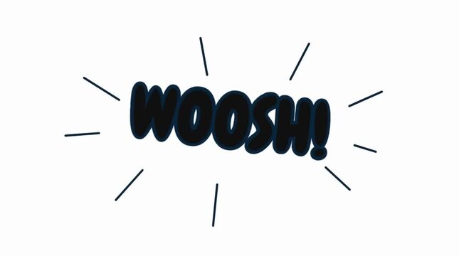 Animated woosh text with comic sound effect expression in dynamic motion graphics on white background