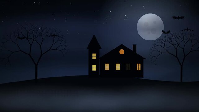 Cinematic 4K Halloween Background Featuring A Spooky Haunted House Silhouette Under A Full Moon With Flashing Lightning Bolts And Flying Bats At Night