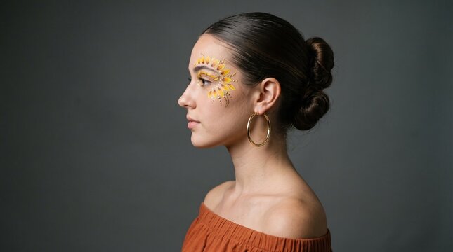 Side profile of woman with sunflower face makeup
