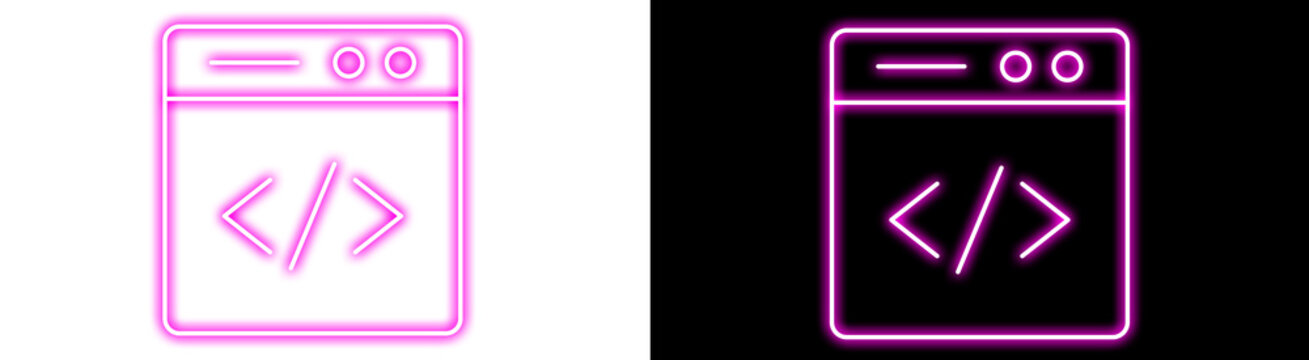Coding brackets browser window neon magenta outline light icon for software development tasks and website programming interface design.