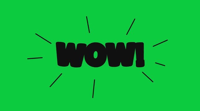 Animated bold black wow text with radiating lines set against a vibrant solid green background graphic