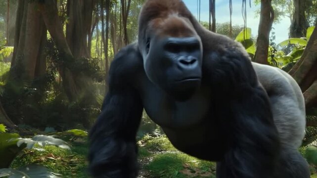 Tracking shot of silverback gorilla slowly approaching and inspecting camera in dense tropical jungle canopy during daytime