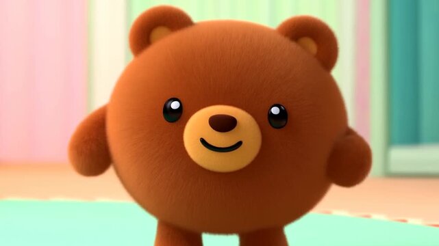 Panning shot of round plush bear approaching and smiling on pastel nursery playroom floor