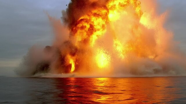 Static shot of large explosion erupting on ocean surface with towering fireball and smoke over open sea at dusk