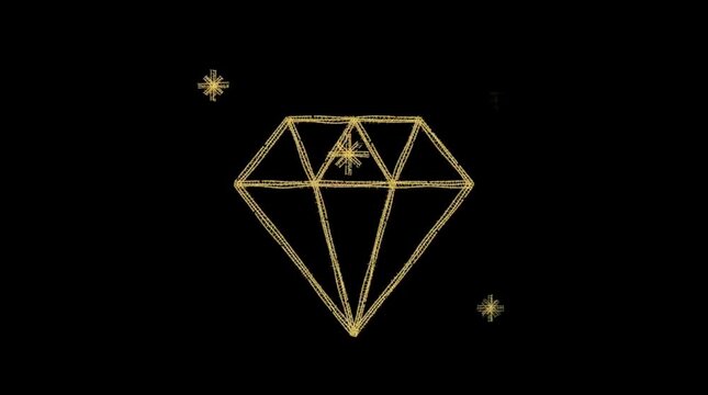 Golden diamond outline sparkling against deep dark black background creating mysterious elegant luxury visual atmosphere