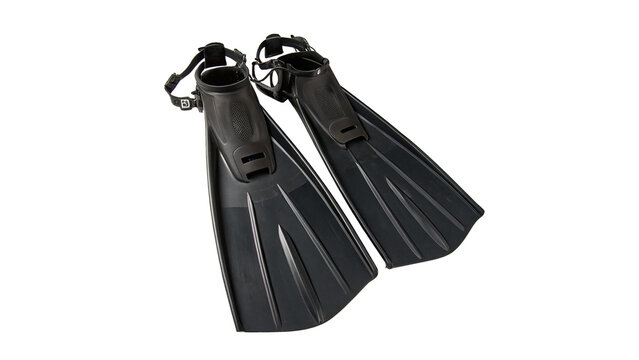 A pair of black rubber swimming fins diving equipment isolated on white background