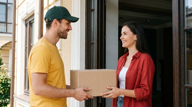 Smiling courier delivering cardboard package to happy woman at home entrance