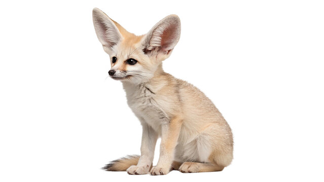 Cute small sand fennec fox animal sitting alertly desert, isolated on transparent background.