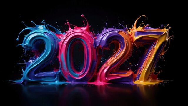 Abstract colorful liquid paint splash typography spelling out the year 2027