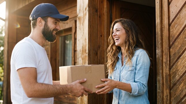 Smiling Delivery Man Delivering Cardboard Parcel Box To Happy Female Customer At Home Door