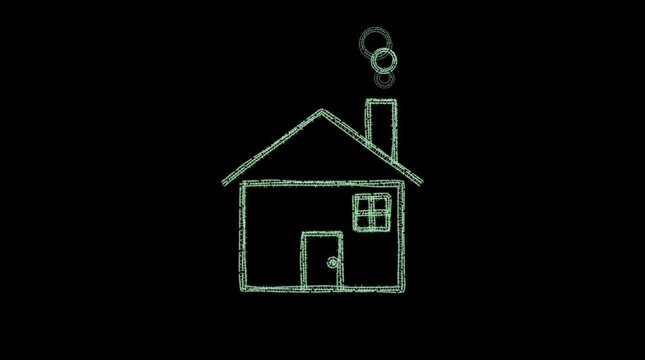 Glowing green hand drawn outline of simple residential house with smoke rising from chimney on black background