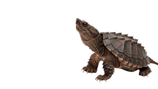 Small wild brown snapping turtle reptile crawling wildlife biology nature, isolated on transparent background.