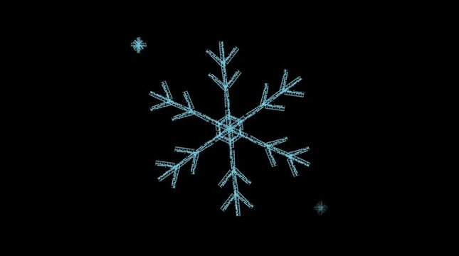 Glowing blue digital snowflake rotating against dark background featuring intricate futuristic technology and cyber patterns