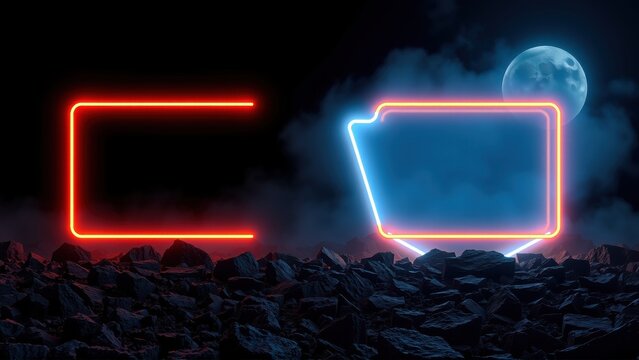 Neon rectangles glow above rocky terrain. Moon visible through clouds. Dramatic lighting creates futuristic scene.