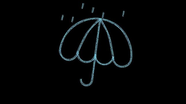 Glowing blue neon umbrella with falling rain drops isolated against dark black background vector design element