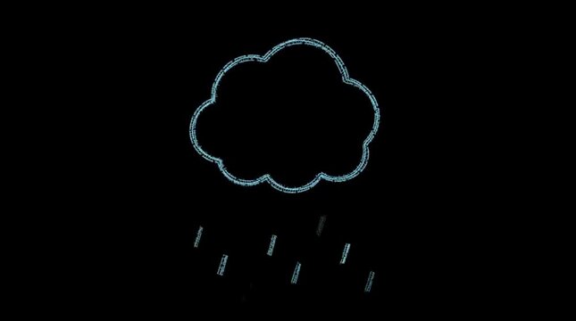 Glowing blue cloud outline raining on black background representing digital weather forecast concepts inside modern technology displays