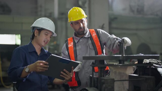 Industrial Engineer Inspection of Machinery and Equipment Inside Factory, Construction Workers Safety Helmets Reviewing Technical Plans and Workplace Procedures During Dim Manufacturing Facility