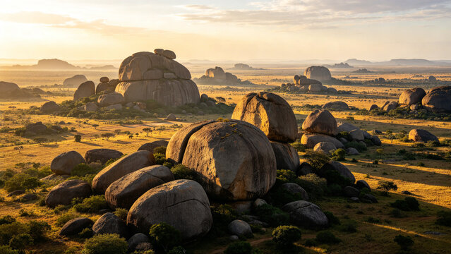 Granite boulder landscape Central African Republic large rocks and savanna