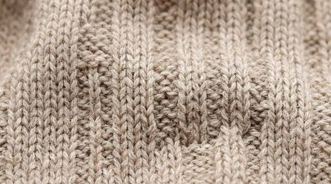 Close up of beige knitted wool fabric texture with vertical ribbed pattern for cozy winter clothing background design