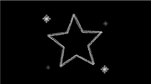 Glowing white star outline glowing gently against a dark black textured background with sparkling decorative elements surrounding it