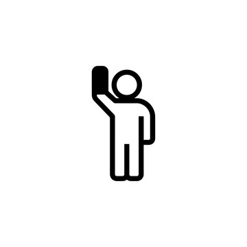 Modern selfie icon with person holding smartphone, minimalist mobile photography pictogram, black line art human figure recording video