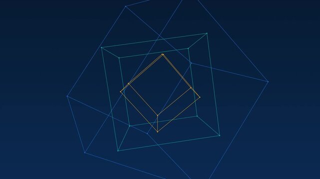 Rotating nested wireframe cubes animation on dark blue background for