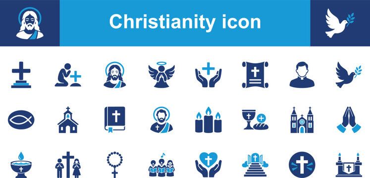 Christianity and religious symbols solid icon set containing icons for Jesus Christ, cross, Bible, church, prayer, and dove for faith and worship projects