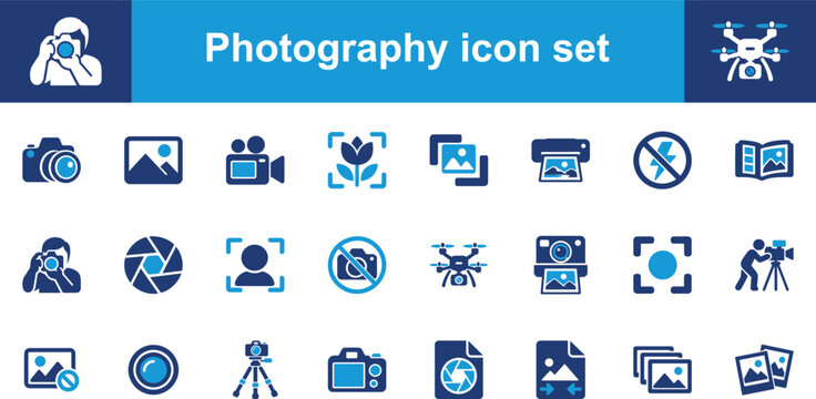 Photography and Camera solid icon set containing icons for DSLR camera, video recorder, lens, drone, printer, and tripod for media projects