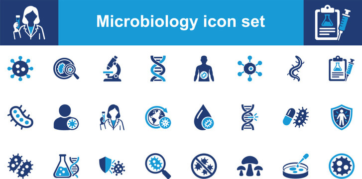Microbiology and laboratory science solid icon set. Featuring virus, DNA, microscope, bacteria, and petri dish. Solid glyph vector icons for medical research projects and healthcare websites