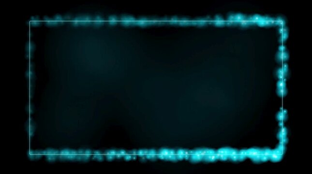 Glowing blue neon light border frame with dynamic digital particle sparks floating against dark background