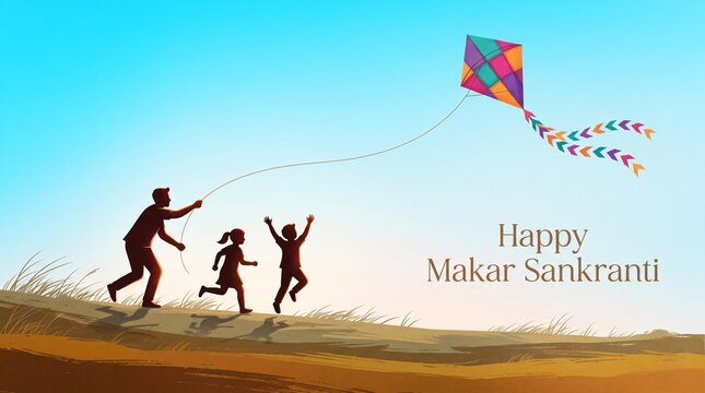 Happy Makar Sankranti Kids and Father Flying Kite Silhouette Background