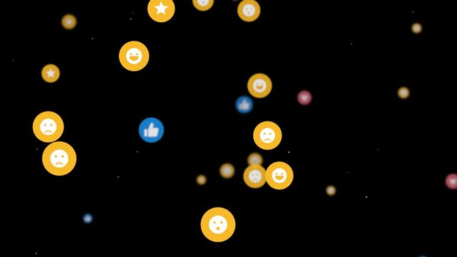 Social media reaction emojis floating upward across a dark background representing online communication and digital networking experiences